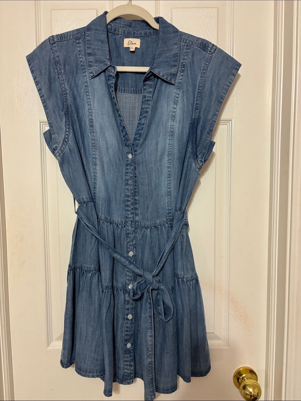 Elan Blue Denim Button-Front Mini Dress with Tie Waist